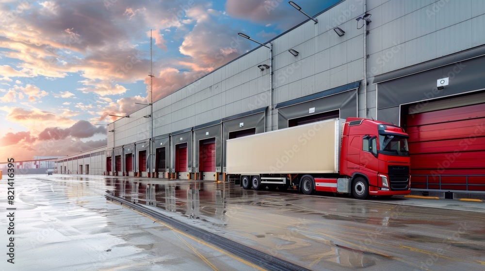 A modern distribution warehouse with loading docks enhances logistics efficiency under a striking sky, serving as a key transportation hub for goods distribution in the supply chain