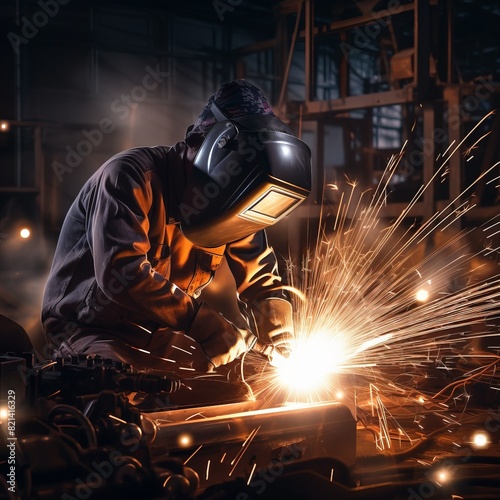 A welder in protective gear using a welding torch, creating sparks in a dimly lit industrial setting. © GenBy