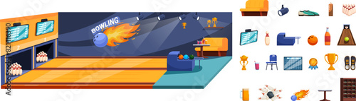 Bowling club interior vector. A bowling alley with a fire ball in the air. The bowling alley has a TV and a bar