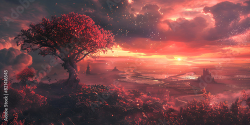 sunset in the mountains, A surreal sunset sky illuminates a fantasy landscape with flowers generated by artificial intelligence, Digital art selected for the kanji Japanese culture concept diversity,  photo