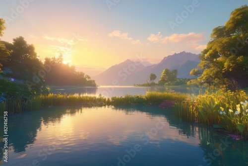 An idyllic summer scene is abstracted into a background where the calm waters of a forest lake meet the grandeur of towering mountains  all in a soft focus.