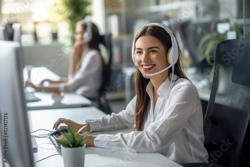 A female customer service rep in a modern office provides professional and warm assistance to clients using a headset. Her workspace is efficient and engaging, emphasizing topnotch support photo