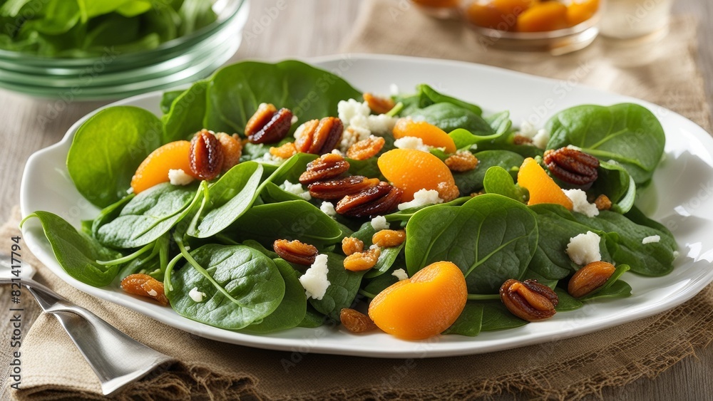 Spinach salad with caramelized walnuts and dried apricots. Spinach salad with caramelized walnuts and dried apricots.