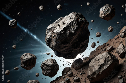 A dynamic depiction of an asteroid swarm consisting of boulders and stone meteorites. Ideal for space-themed projects, educational materials, sci-fi illustrations, and astronomical visuals.