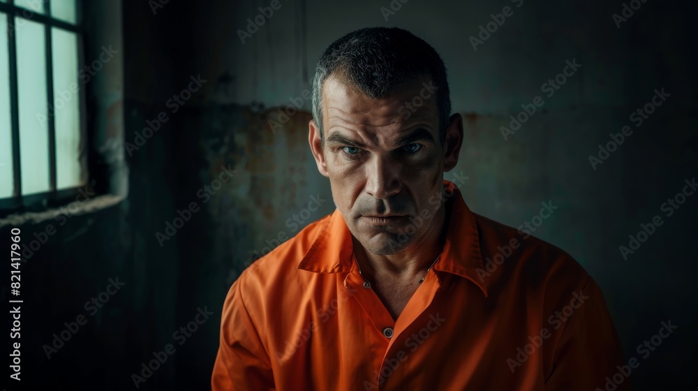 Stern prisoner in an orange jumpsuit stares intensely from a dimly lit cell. Stern prisoner in an orange jumpsuit stares intensely from a dimly lit cell.