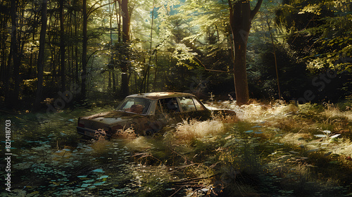 A car is sitting in the middle of a forest photo
