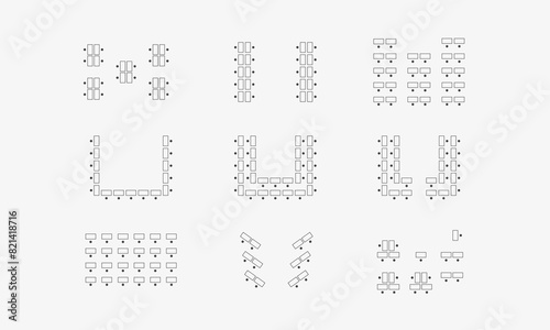 Set of table and seats plans. Furniture map for education, meeting, party, wedding. Vector illustration