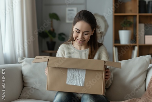 A joyful young woman at home eagerly unboxes a package in her comfortable living room, brimming with happiness at the sight of a new delivery, clad in casual outfit, creating a happy moment