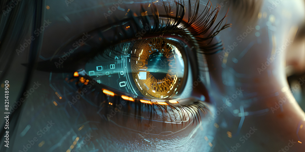 eye in the window, Closeup of a human eye with a futuristic digital ...