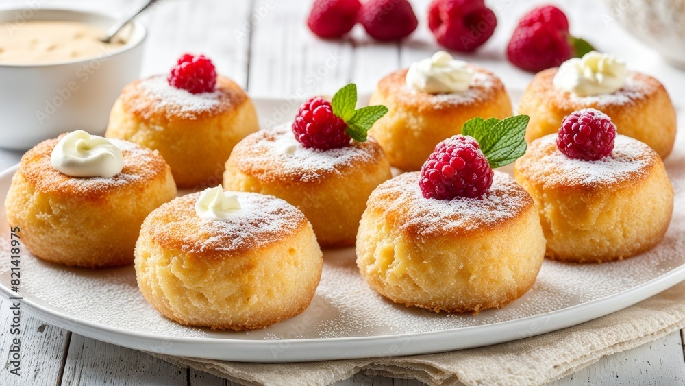 Raspberry dessert with pieces of cheese. Cheese balls in powdered sugar with raspberries. Raspberry dessert with pieces of cheese. Cheese balls in powdered sugar with raspberries.
