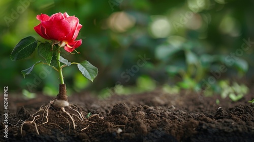 Single red rose with roots exposed in soil, symbolizing growth and natural beauty.