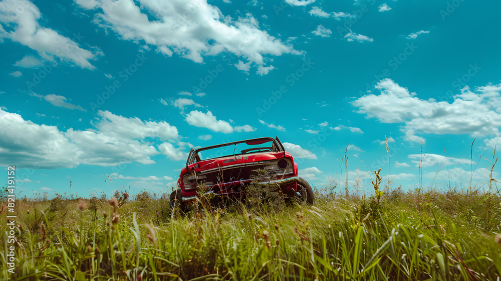 Fototapeta premium A rusted old car is sitting in a field