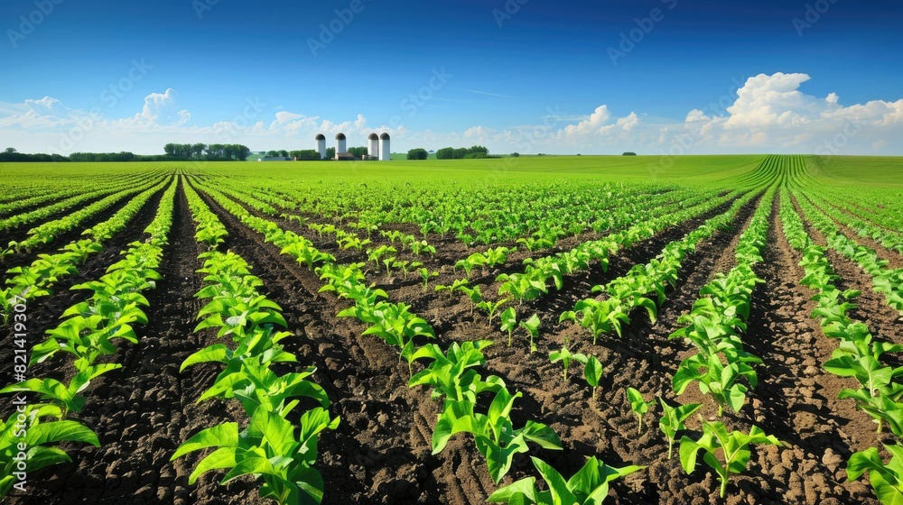 A large field with rows of growing crops leading to bunkers and outbuildings in the background under a blue sky. A large field with rows of growing crops leading to bunkers and outbuildings in the background under a blue sky.