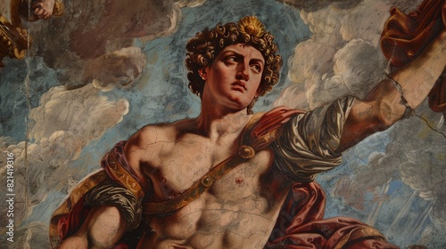 Vintage painting of a mythological god with gold crown in a cloudy sky