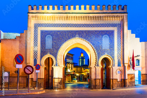 Fez, Morocco: Bab Bou Jeloud, or Blue gate is an ornate city gate in Fes el Bali, entrance in the old city or Medina. North Africa