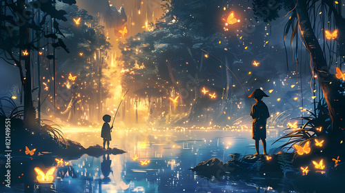 boy fishing on the swamp in tropical forest with glowing butterflies, digital art style, illustration painting