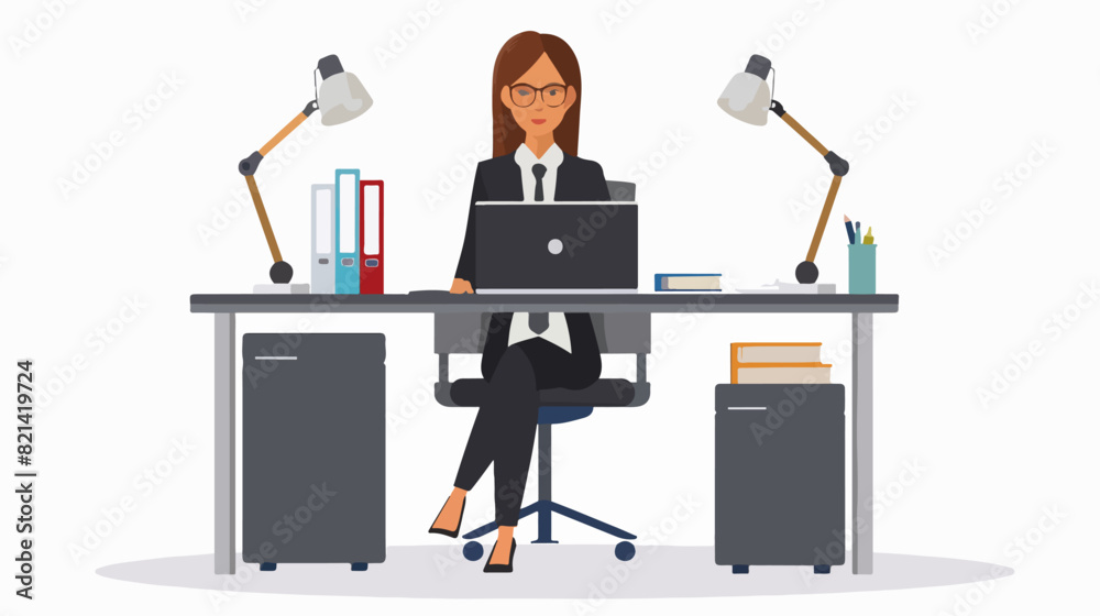 Fototapeta premium Illustration of a girl with a laptop. Office worker. Student.