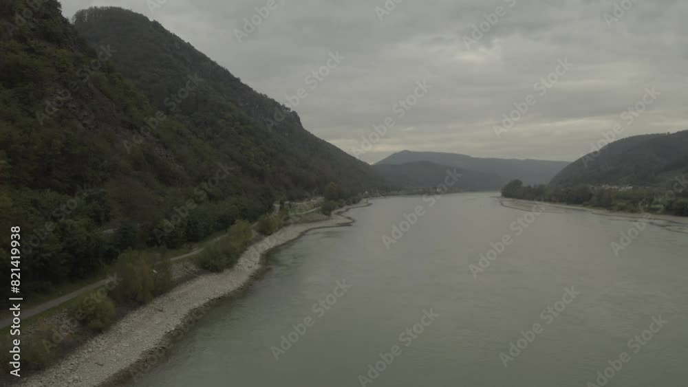 Aerial View of Danube River in Autumn, Scenic River Landscape with Fall Foliage in Austria, D-Log Aerial View of Danube River in Autumn, Scenic River Landscape with Fall Foliage in Austria, D-Log