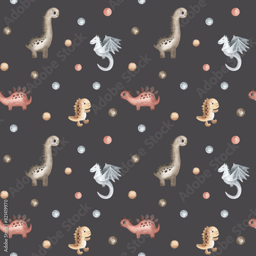 Little dinosaurs and dots circles seamless pattern. Hand drawn watercolor. For fabric, textile, card, label, brochure, flyer, page, banner design.