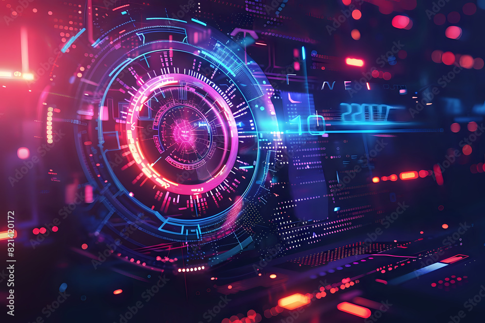 Obraz premium Futuristic digital interface with glowing holographic elements on a dark background, representing advanced technology and innovation. Ideal for tech articles, digital marketing, and futuristic concep