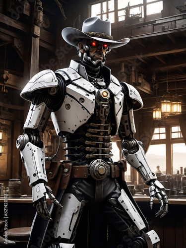 robotic sheriff in the western city, generative ai illustration