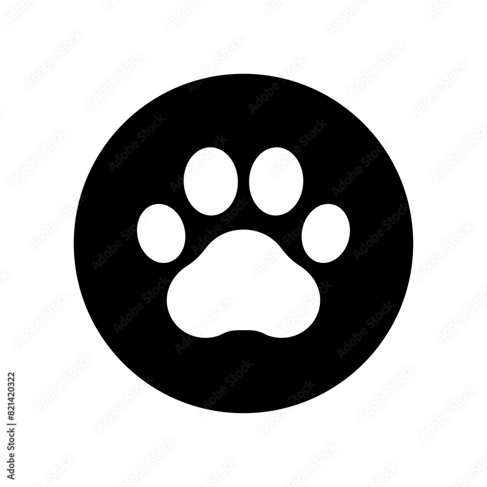 Footprint pet. Paw prints. Dog or cat vector, icon. Foot puppy isolated on white background. Black silhouette paw. Cute shape paw print. Walks for design. Animal track. Trace foot dog, cat. Vector