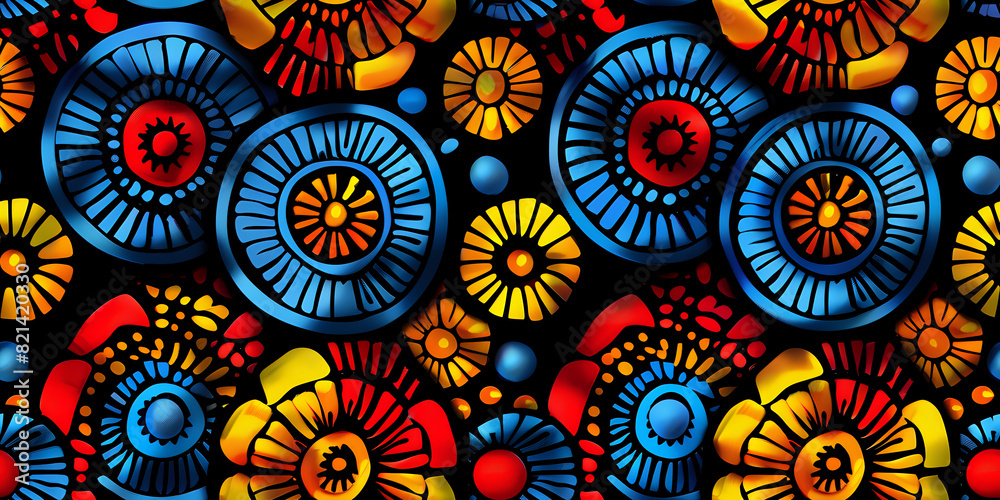Colorful seamless pattern of abstract flowers in vibrant hues on a black background, perfect for fabric designs, home decor, and artistic projects. Colorful seamless pattern of abstract flowers in vibrant hues on a black background, perfect for fabric designs, home decor, and artistic projects.
