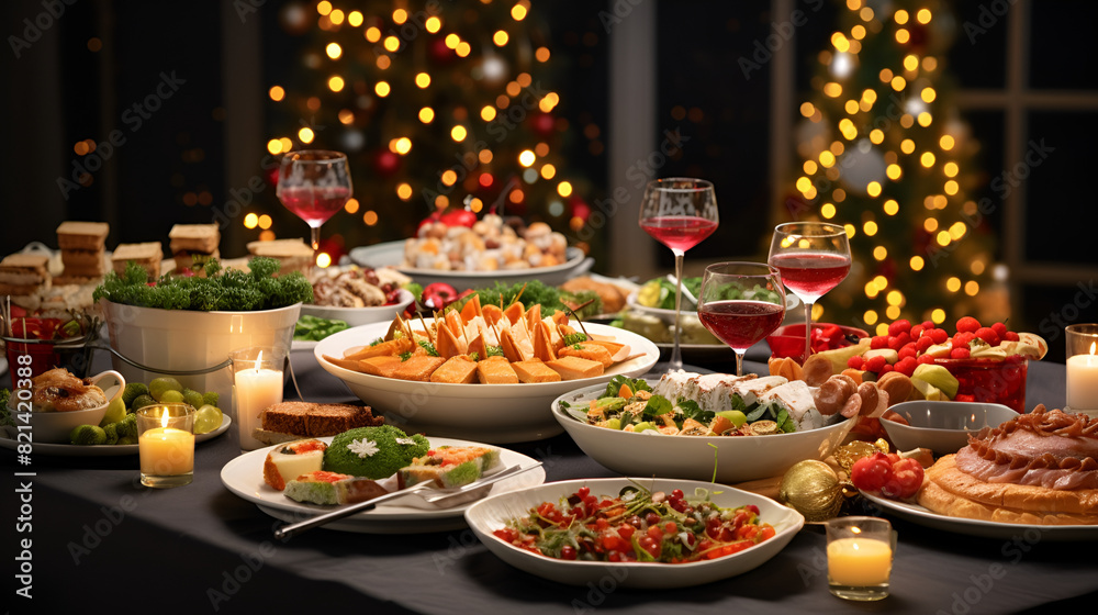 Festive Christmas buffet Fine Dinner buffet table full food snacks desserts and drink,cozy winter scenes with family

