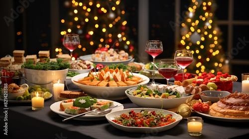 Festive Christmas buffet Fine Dinner buffet table full food snacks desserts and drink,cozy winter scenes with family 