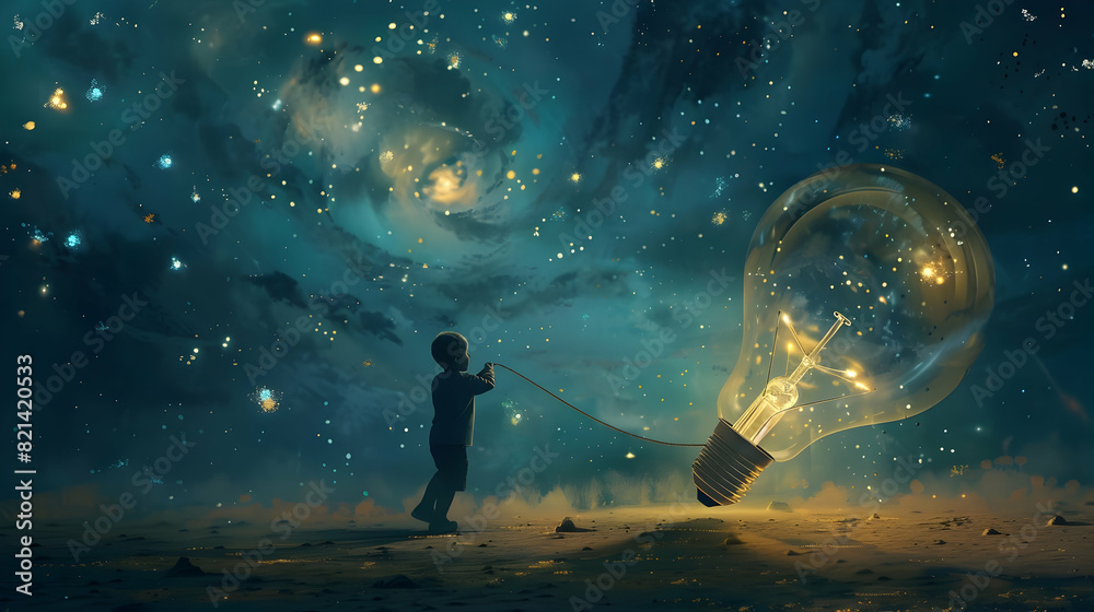 boy pulled the big bulb half buried in the ground against night sky with stars and space dust,  illustraation painting