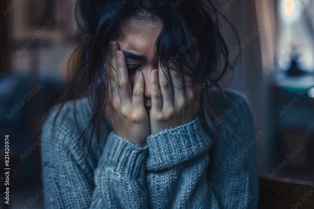 A sad young woman sits alone in a room with her hands on her head, embodying deep depression and loneliness. The scene captures themes of sadness and introspective thought. A sad young woman sits alone in a room with her hands on her head, embodying deep depression and loneliness. The scene captures themes of sadness and introspective thought.