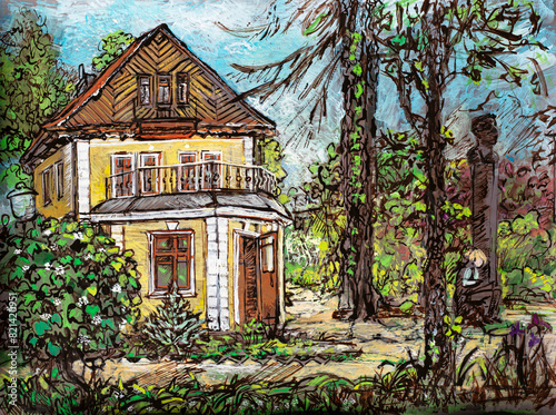 hand-drawn illustration of a wooden house illuminated by the early rays of greenery in the garden.