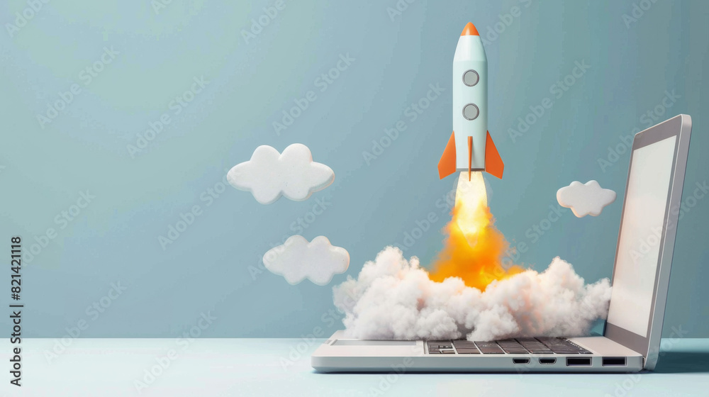A rocket taking off from inside a laptop
