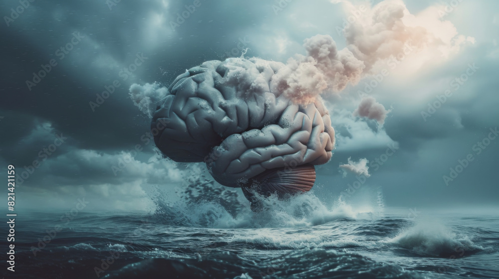 An abstract human brain out at sea with waves and clouds surrounding a stormy setting depicting stress or anxiety