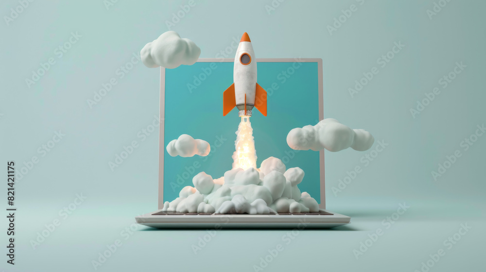 A 3d rocket taking off from inside a laptop screen