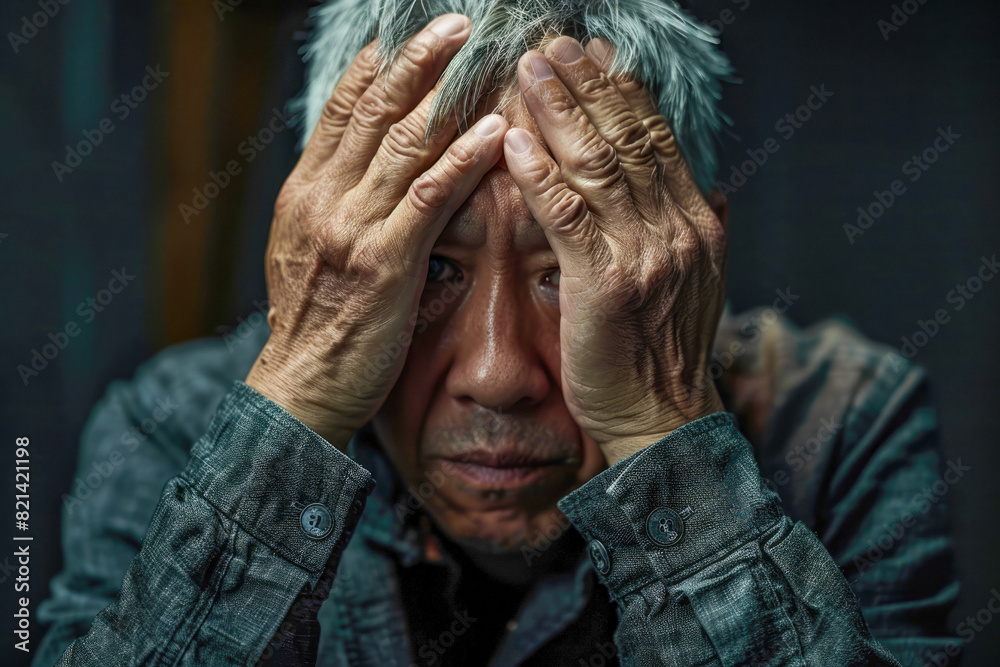 A sad, senior asian man sits in a room with his hands on his head ...