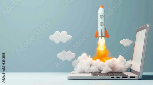 Obraz na płótnie A rocket taking off from inside a laptop w salonie