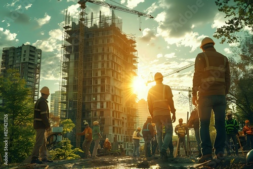 Collaborative construction scene with skilled workers and towering cranes