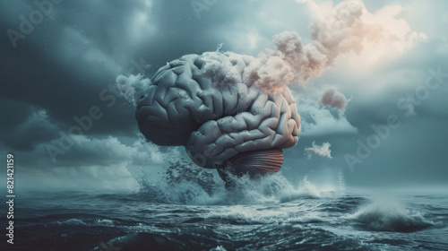 An abstract human brain out at sea with waves and clouds surrounding a stormy setting depicting stress or anxiety photo