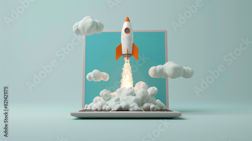 Obraz na płótnie A 3d rocket taking off from inside a laptop screen w salonie
