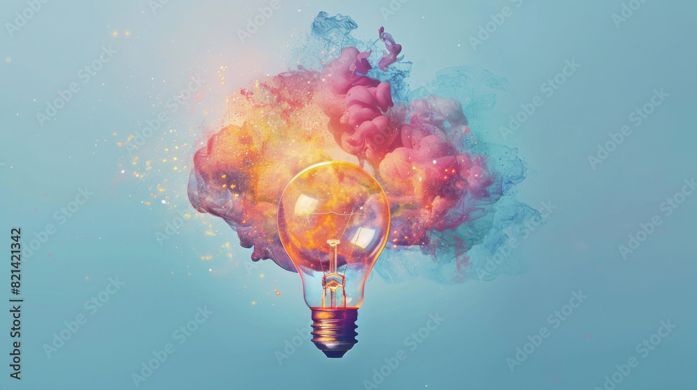 A lightbulb with an explosion of ideas inside a colourful cloud isolated on blue background