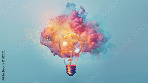 Obraz na płótnie A lightbulb with an explosion of ideas inside a colourful cloud isolated on blue background w salonie