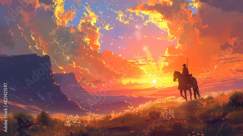 beautiful scenery showing a man riding a horse against a stunning landscape, digital illustration painting © ramzan