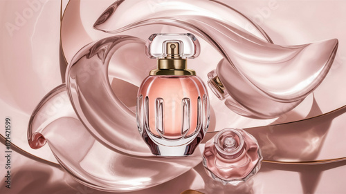 glass bottle of perfume with sun lights on the background. AI Generated	