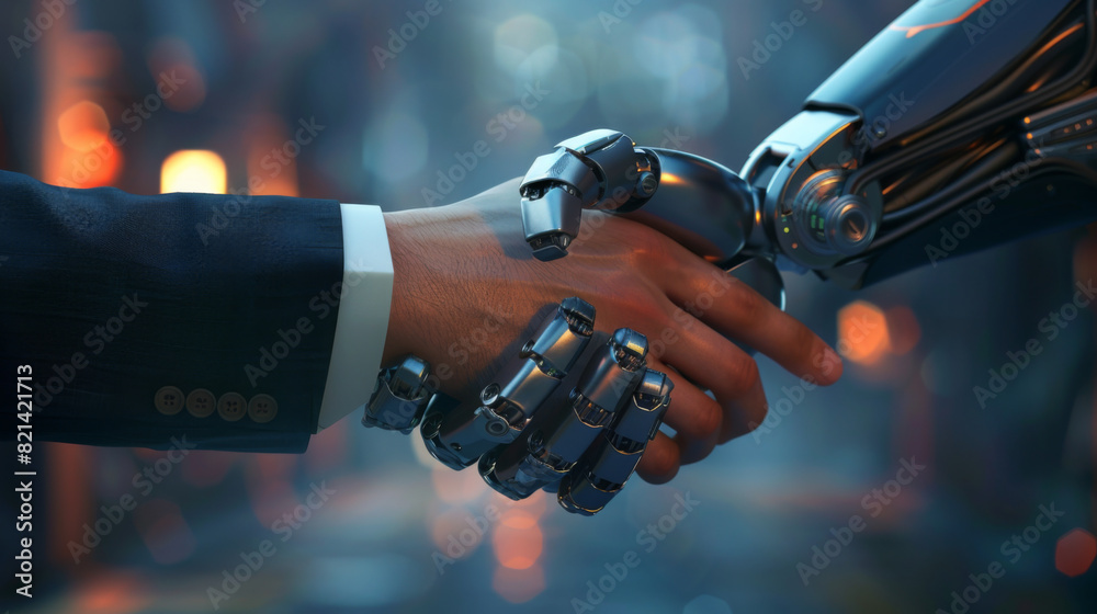 A business man and a robot shaking hands