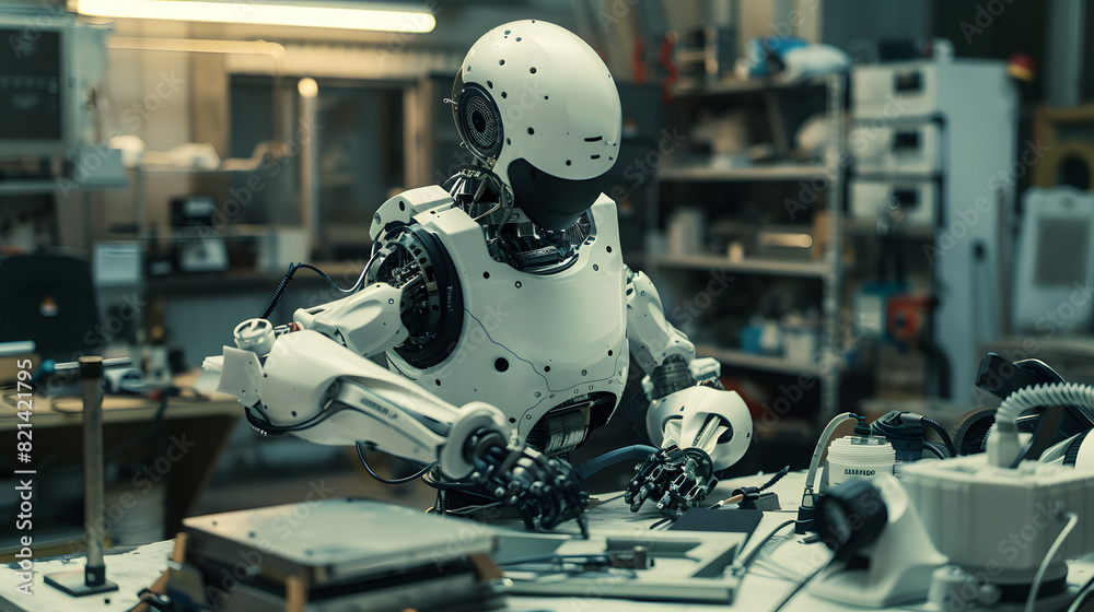 Fototapeta premium A robot is sitting on a workbench in a factory
