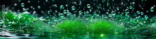 This abstract background captures the dynamic energy of a green water splash, with droplets and bubbles suspended in motion against a dark, mysterious backdrop.