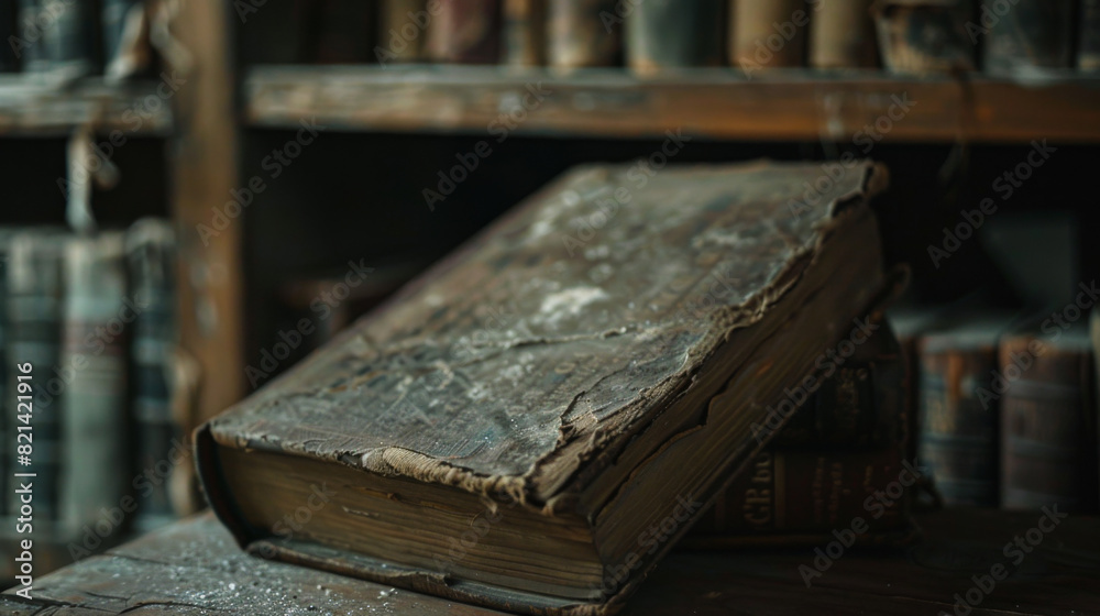An old antique book on a shelf with degraded paper