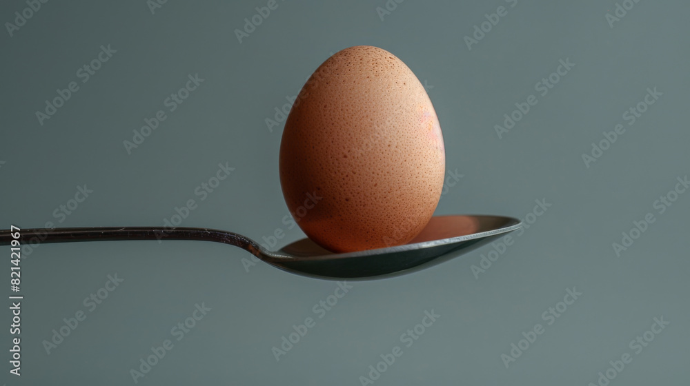 An egg on a spoon, isolated on a plain background