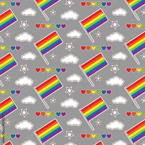 Colorful seamless pattern with LGBT symbols. Lesbians, gays, bisexuals, transsexuals. LGBT holiday colors, flag, heart, rainbow. Cartoon texture on a gray background for decoration and print.
